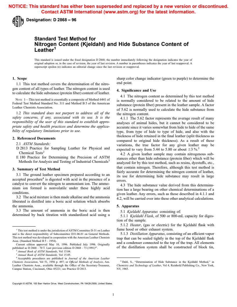 ASTM D2868-96 - Standard Test Method for Nitrogen Content (Kjeldahl) and Hide Substance Content of Leather