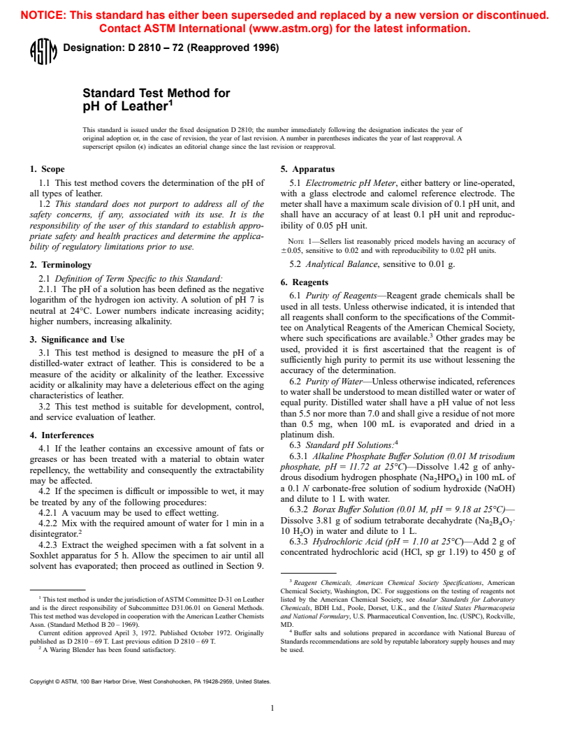 ASTM D2810-72(1996) - Standard Test Method for pH of Leather