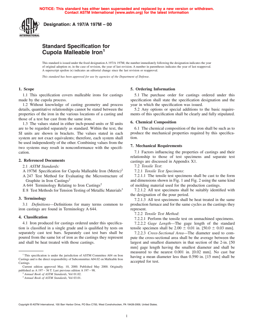 ASTM A197/A197M-00 - Standard Specification for Cupola Malleable Iron