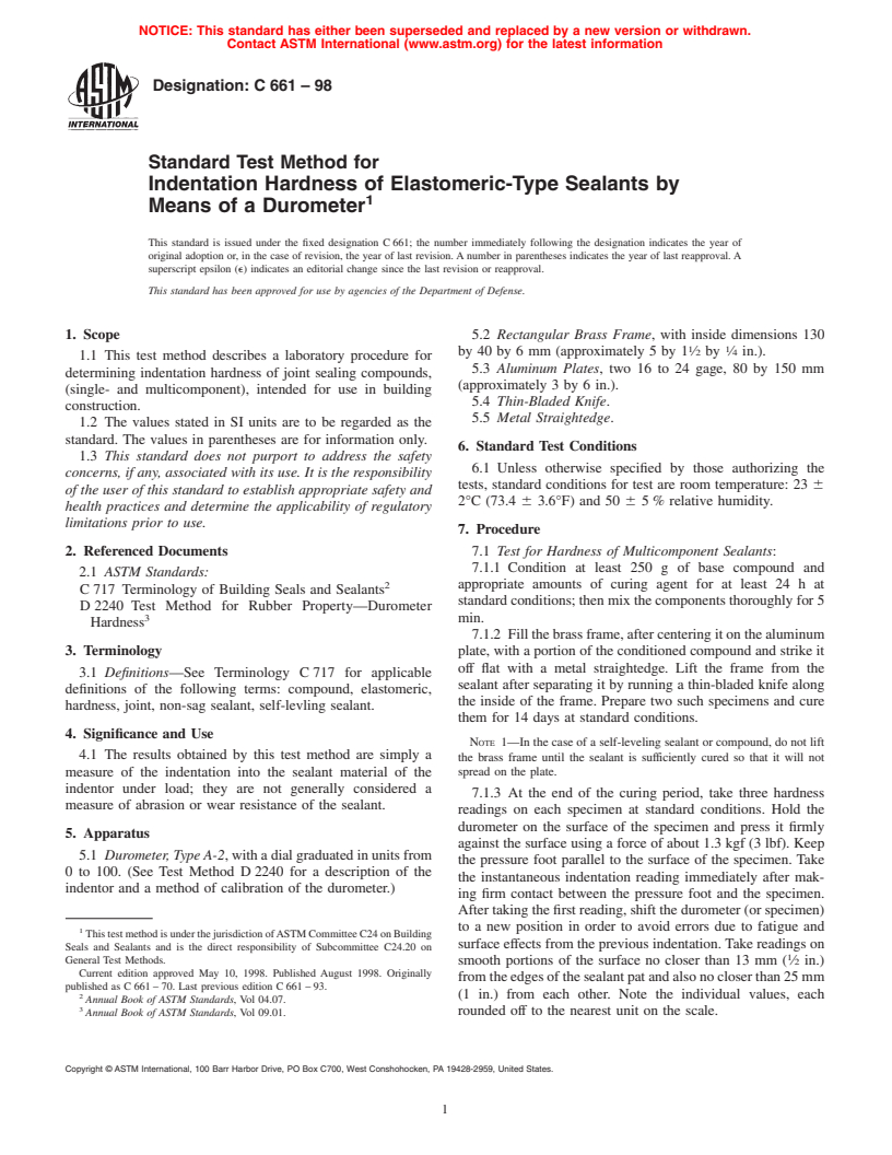 ASTM C661-98 - Standard Test Method for Indentation Hardness of Elastomeric-Type Sealants by Means of a Durometer