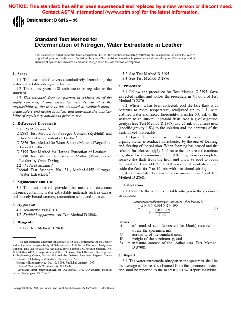 ASTM D6016-96 - Standard Test Method for Determination of Nitrogen, Water Extractable in Leather