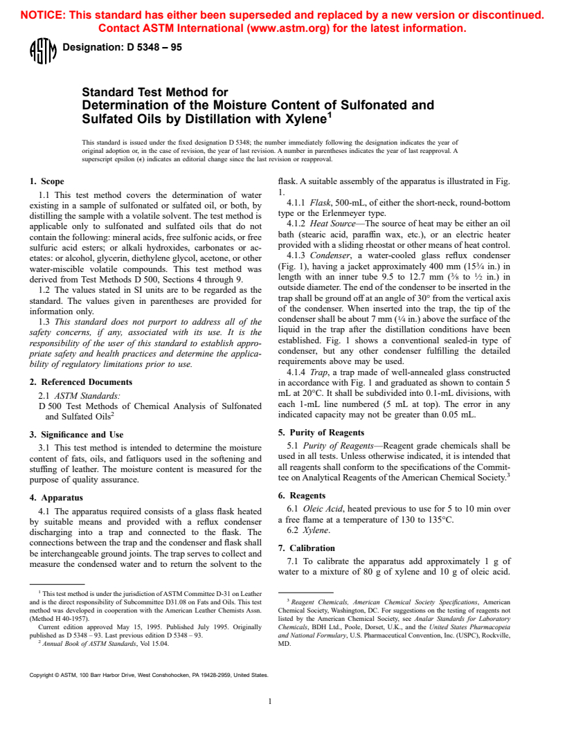 ASTM D5348-95 - Standard Test Method for Determination of the Moisture Content of Sulfonated and Sulfated Oils by Distillation with Xylene