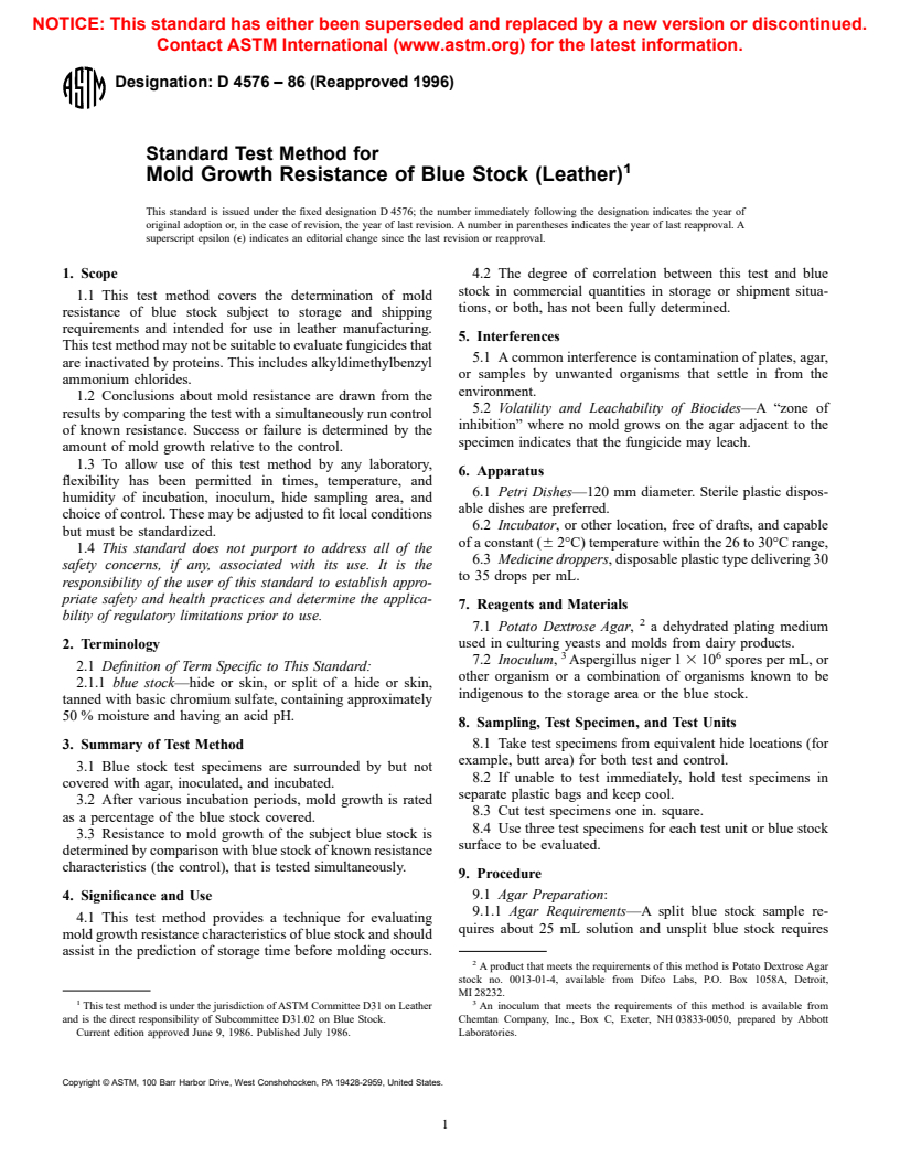 ASTM D4576-86(1996) - Standard Test Method for Mold Growth Resistance of Wet Blue