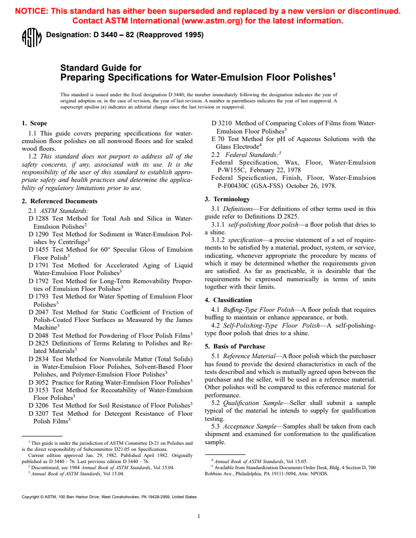 ASTM D3440-82(1995) - Standard Guide for Preparing Specifications for Water-Emulsion Floor Polishes