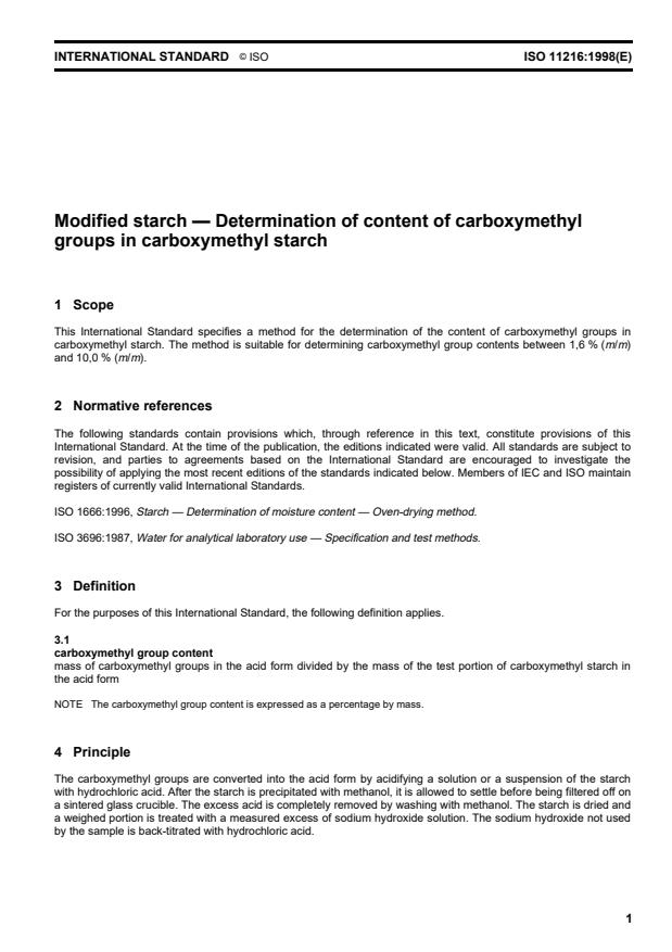 ISO 11216:1998 - Modified starch -- Determination of content of carboxymethyl groups in carboxymethyl starch