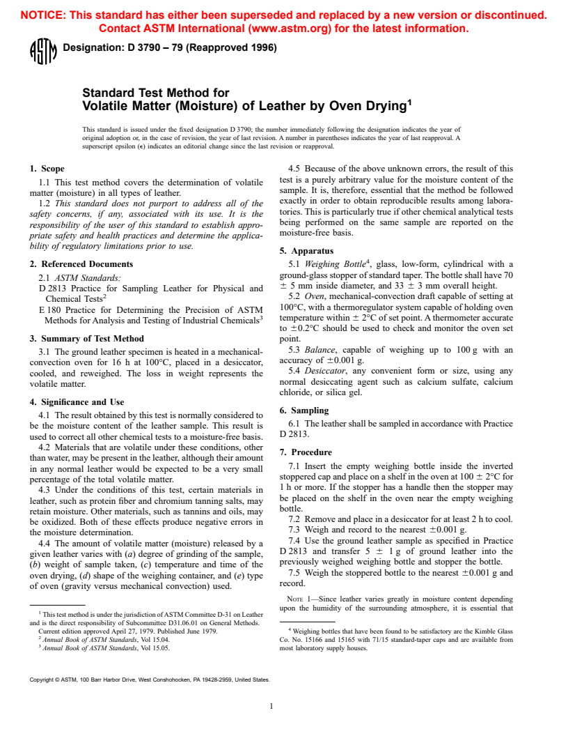 ASTM D3790-79(1996) - Standard Test Method for Volatile Matter (Moisture) of Leather by Oven Drying