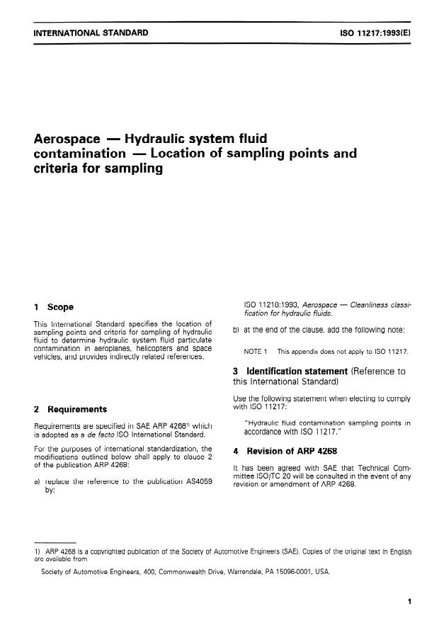ISO 11217:1993 - Aerospace -- Hydraulic system fluid contamination -- Location of sampling points and criteria for sampling