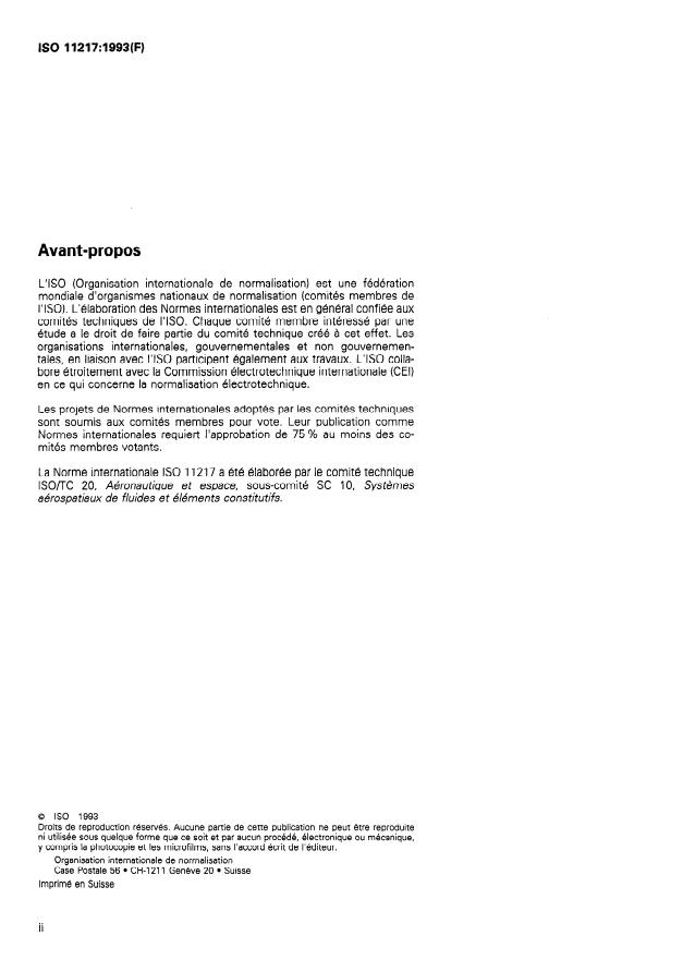 ISO 11217:1993 ISO 11217:1993 - Aéronautique et espace -- Pollution des systemes de fluides hydrauliques -- Emplacement des points de prélevement et criteres de prélevement - Page 2 preview