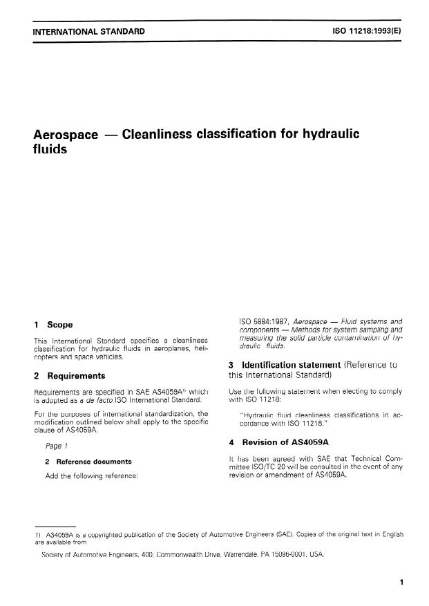 ISO 11218:1993 - Aerospace -- Cleanliness classification for hydraulic fluids