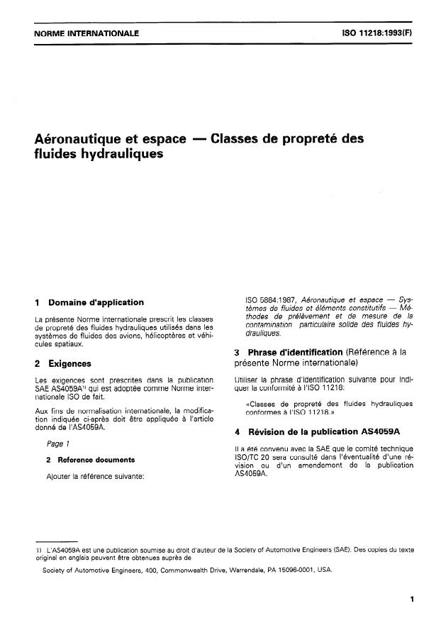 ISO 11218:1993 - Aéronautique et espace -- Classes de propreté des fluides hydrauliques