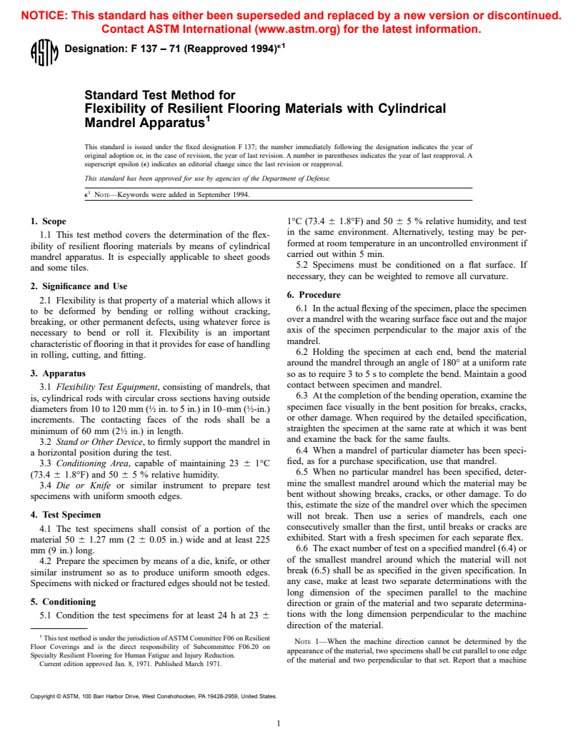 ASTM F137-71(1994)e1 - Standard Test Method for Flexibility of Resilient Flooring Materials with Cylindrical Mandrel Apparatus
