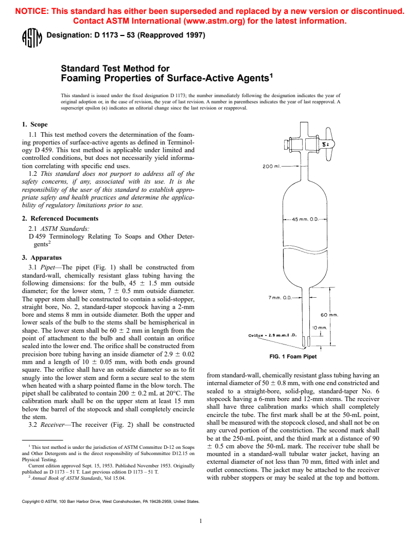 ASTM D1173-53(1997) - Standard Test Method for Foaming Properties of Surface-Active Agents