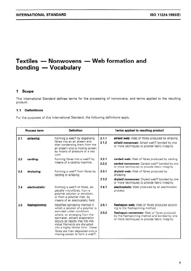 ISO 11224:1993 - Textiles -- Nonwovens -- Web formation and bonding -- Vocabulary