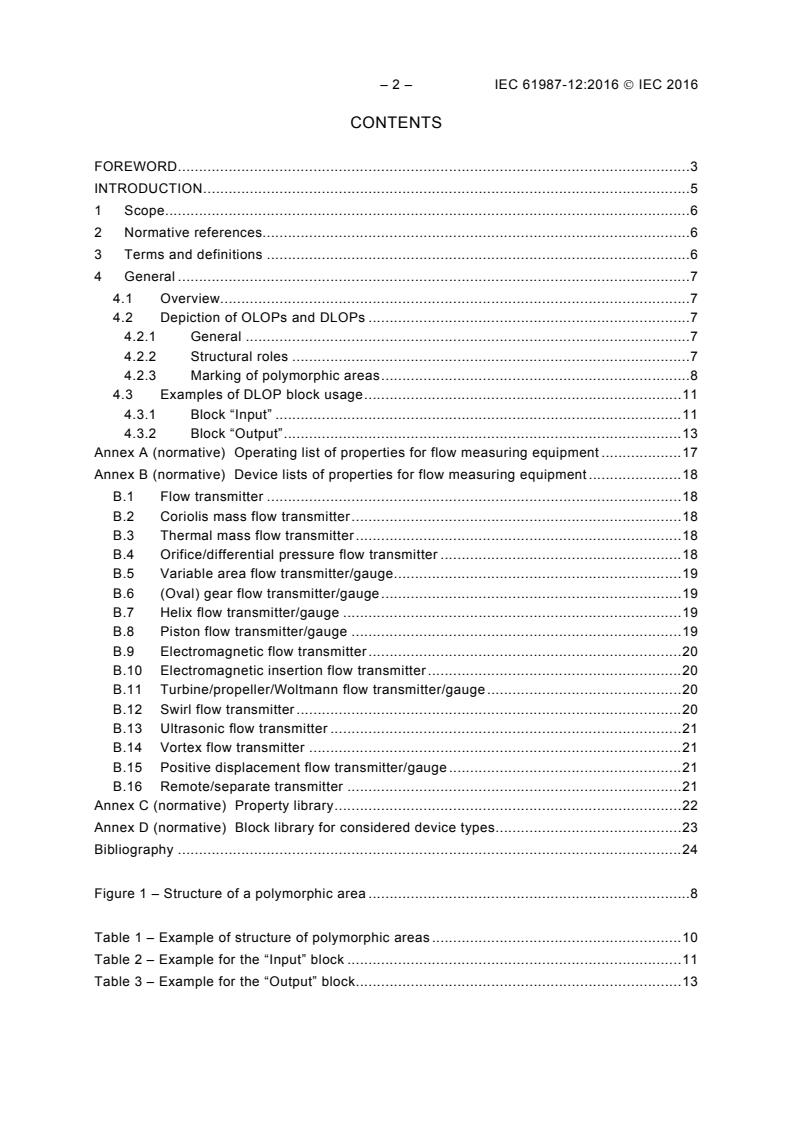 IEC 61987-12:2016 IEC 61987-12:2016 - Industrial-process measurement and control - Data structures and elements in process equipment catalogues - Part 12: Lists of properties (LOPs) for flow measuring equipment for electronic data exchange - Page 4 preview