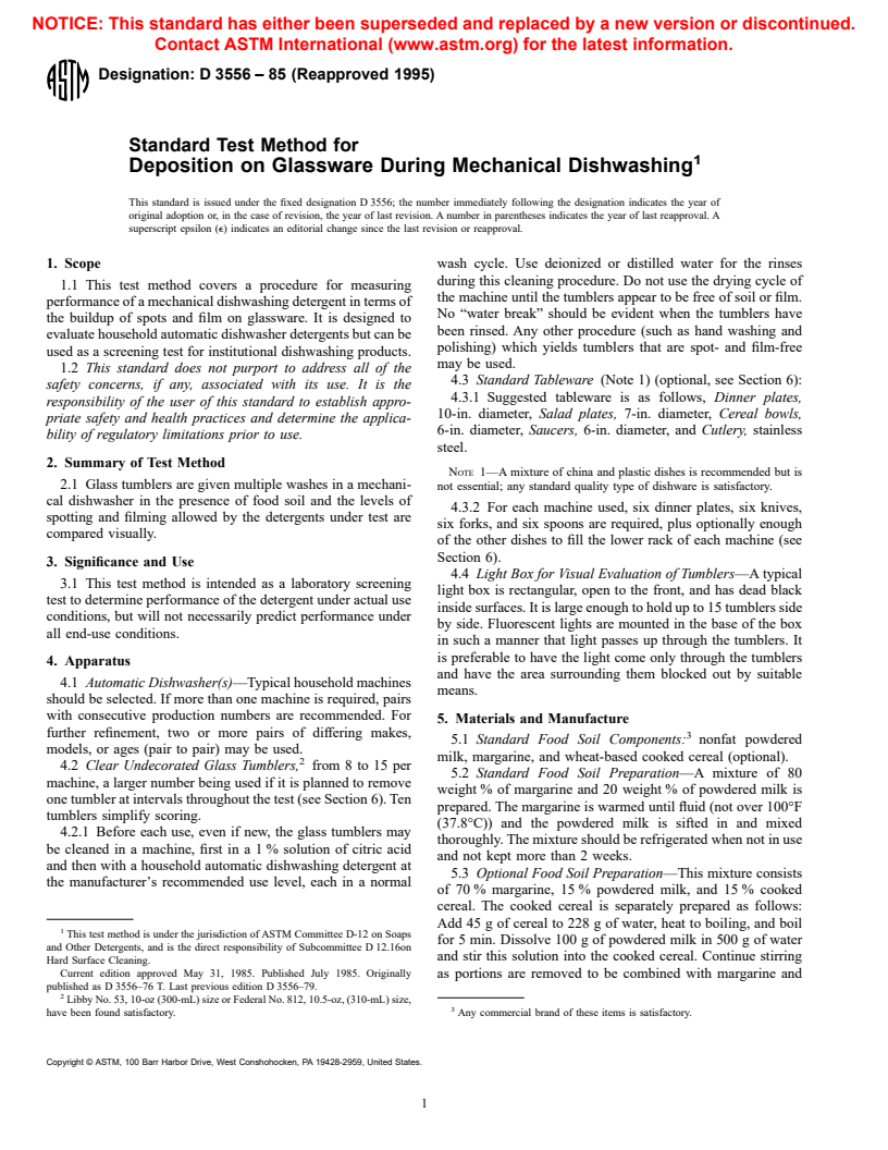 ASTM D3556-85(1995) - Standard Test Method for Deposition on Glassware During Mechanical Dishwashing