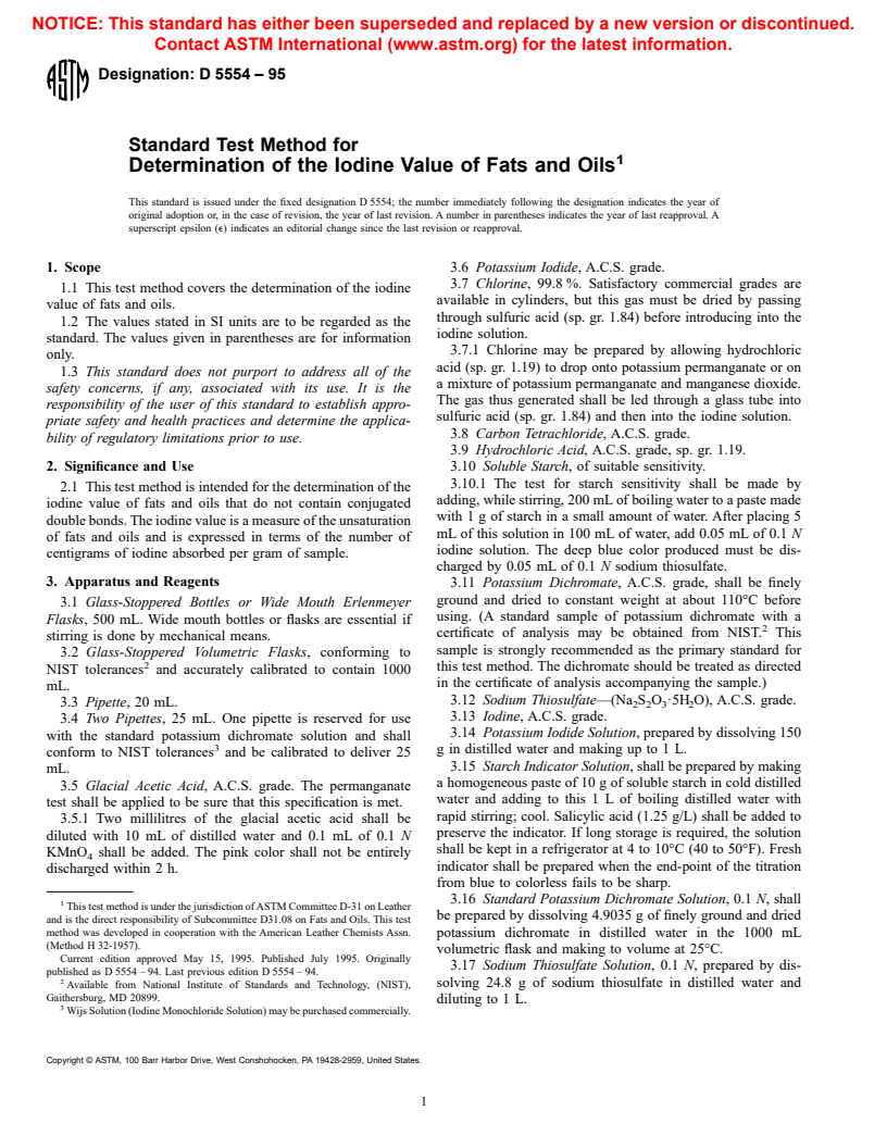 ASTM D5554-95 - Standard Test Method for Determination of the Iodine Value of Fats and Oils