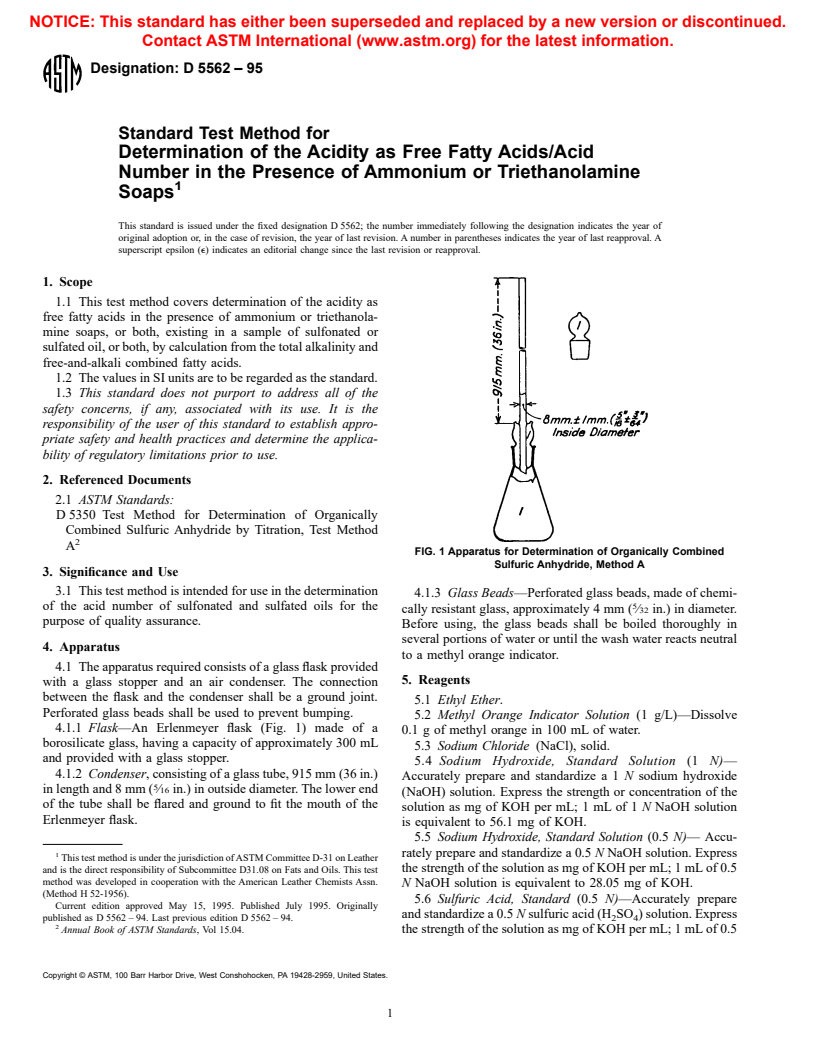ASTM D5562-95 - Standard Test Method for Determination of the Acidity as Free Fatty Acids/Acid Number in the Presence of Ammonium or Triethanolamine Soaps