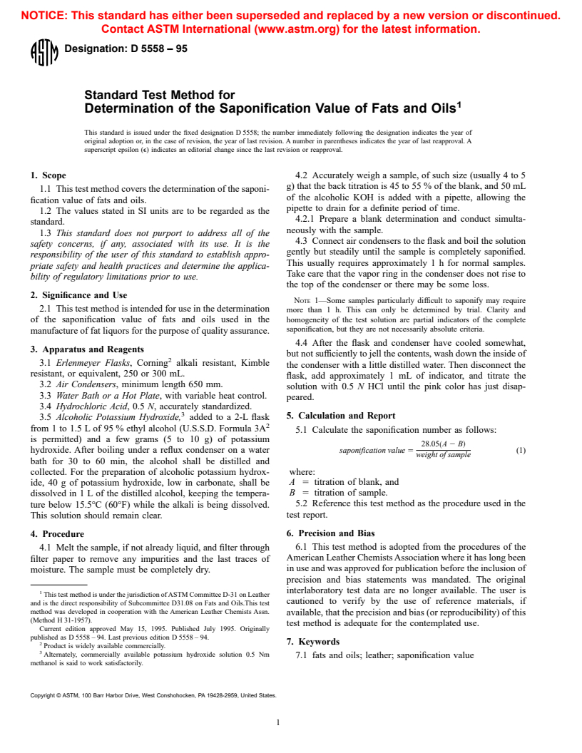 ASTM D5558-95 - Standard Test Method for Determination of the Saponification Value of Fats and Oils