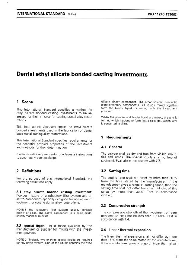ISO 11246:1996 - Dental ethyl silicate bonded casting investments