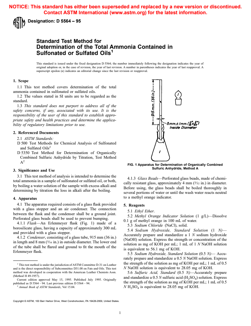 ASTM D5564-95 - Standard Test Method for Determination of the Total Ammonia Contained in Sulfonated or Sulfated Oils