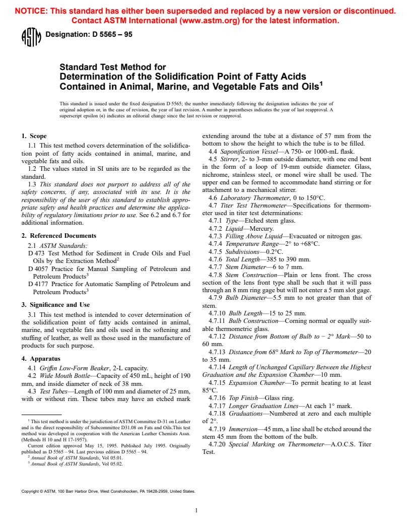 ASTM D5565-95 - Standard Test Method for Determination of the Solidification Point of Fatty Acids Contained in Animal, Marine, and Vegetable Fats and Oils