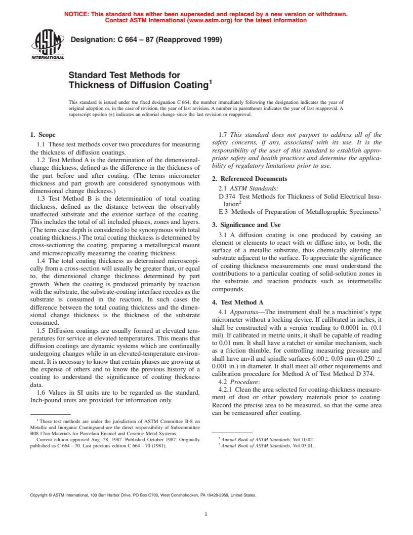 ASTM C664-87(1999) - Standard Test Methods for Thickness of Diffusion Coating