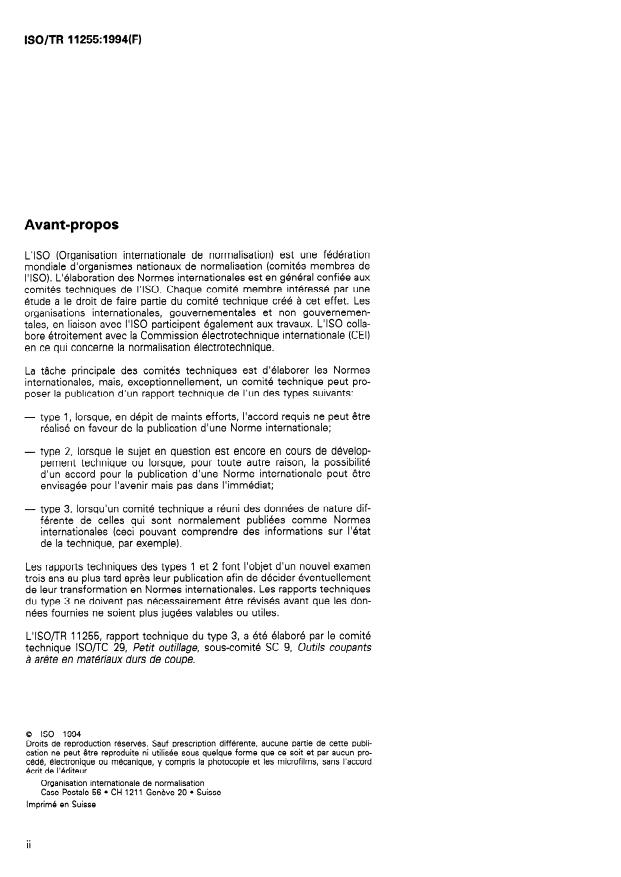 ISO/TR 11255:1994 ISO/TR 11255:1994 - Application des matériaux durs de coupe pour usinage par enlevement de copeaux -- Informations complémentaires a la désignation ISO 513 - Page 2 preview