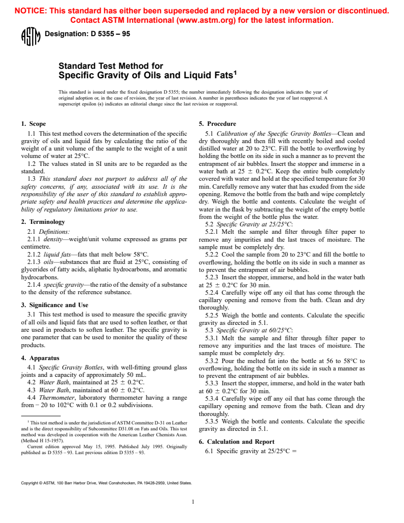 ASTM D5355-95 - Standard Test Method for Specific Gravity of Oils and Liquid Fats