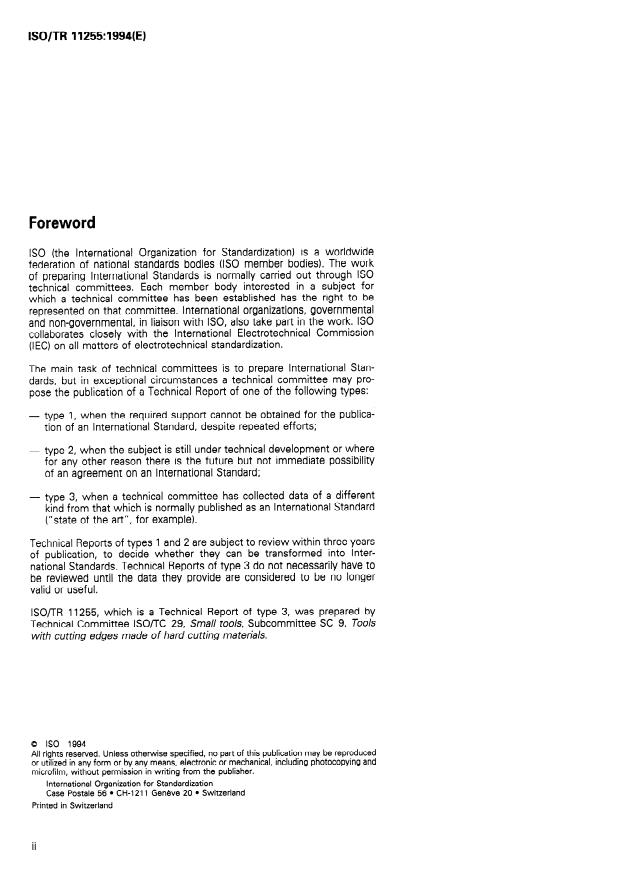 ISO/TR 11255:1994 ISO/TR 11255:1994 - Applicability of hard cutting materials for machining by chip removal -- Information additional to ISO 513 designation - Page 2 preview