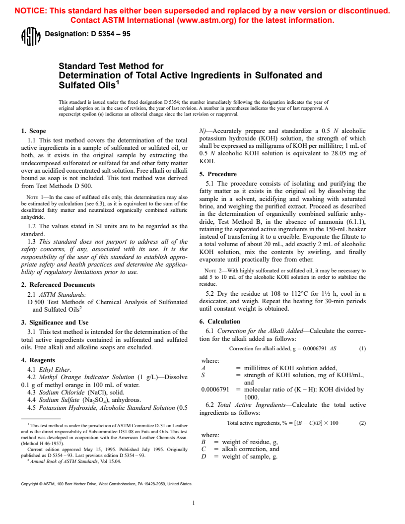 ASTM D5354-95 - Standard Test Method for Determination of Total Active Ingredients in Sulfonated and Sulfated Oils