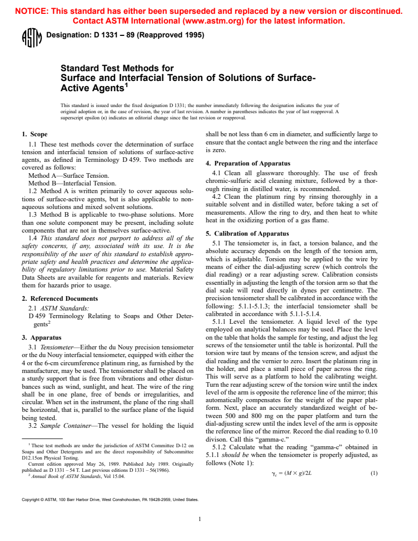 ASTM D1331-89(1995) - Standard Test Methods for Surface and Interfacial Tension of Solutions of Surface-Active Agents