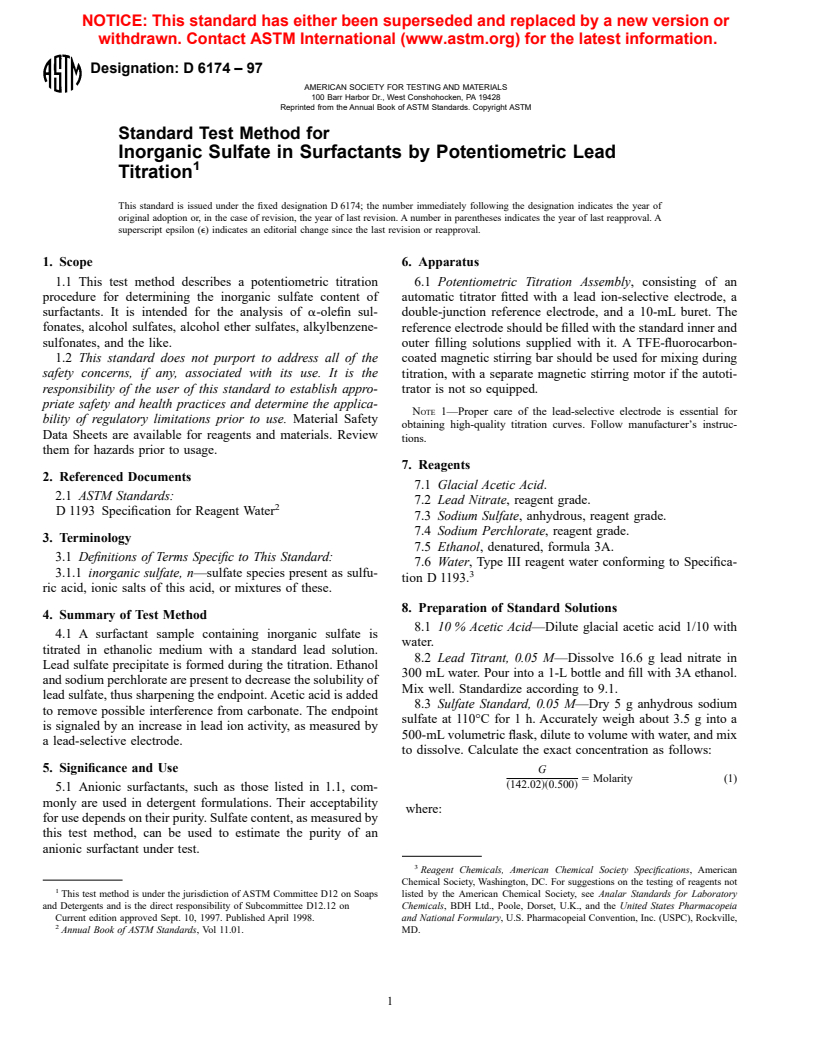 ASTM D6174-97 - Standard Test Method for Inorganic Sulfate in Surfactants by Potentiometric Lead Titration