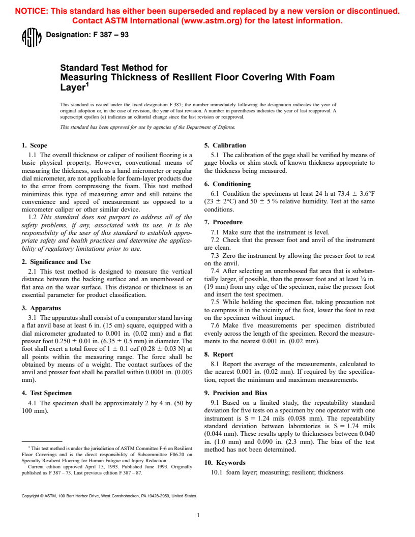 ASTM F386-93 - Standard Test Method for Measuring Thickness of Resilient Floor Covering With Foam Layer