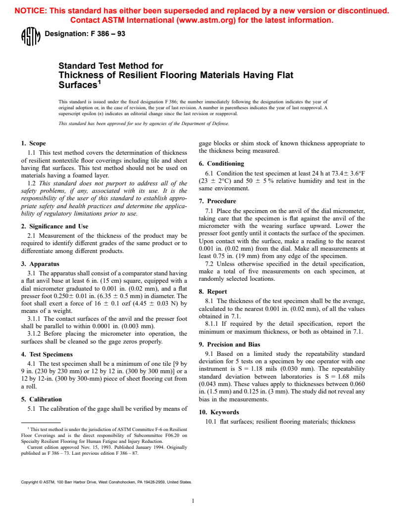 ASTM F387-93 - Standard Test Method for Thickness of Resilient Flooring Materials Having Flat Surfaces