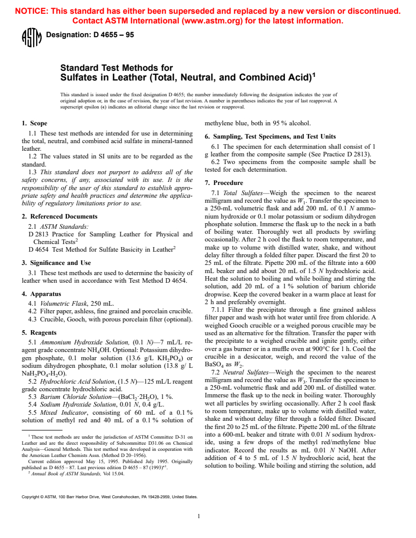 ASTM D4655-95 - Standard Test Methods for Sulfates in Leather (Total, Neutral, and Combined Acid)