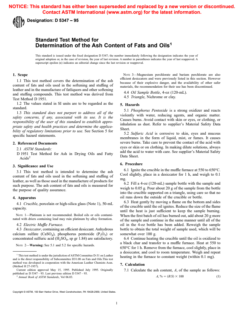 ASTM D5347-95 - Standard Test Method for Determination of the Ash Content of Fats and Oils