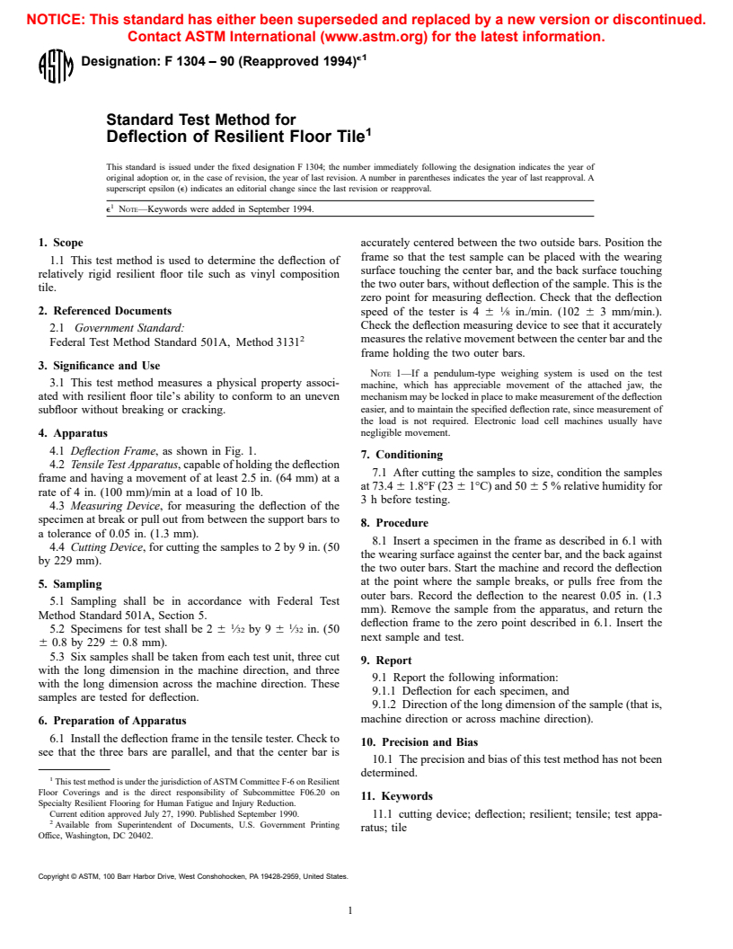 ASTM F1304-90(1994)e1 - Standard Test Method for Deflection of Resilient Floor Tile