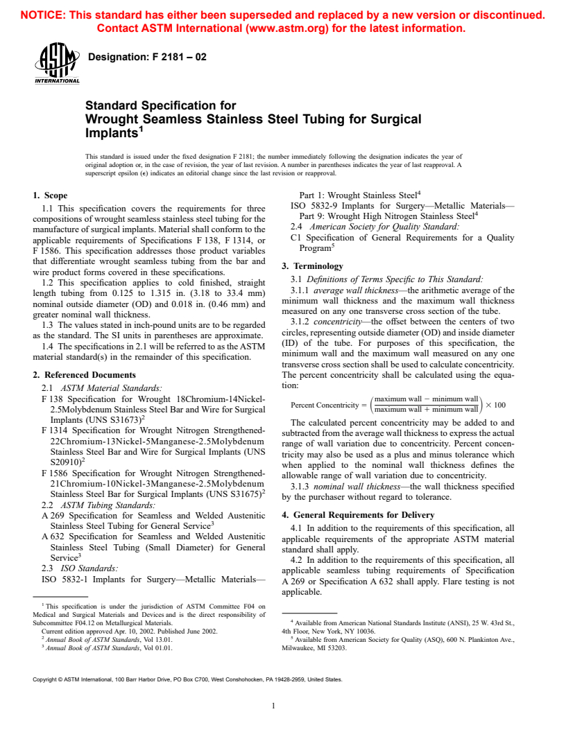 ASTM F2181-02 - Standard Specification for Wrought Seamless Stainless Steel Tubing for Surgical Implants