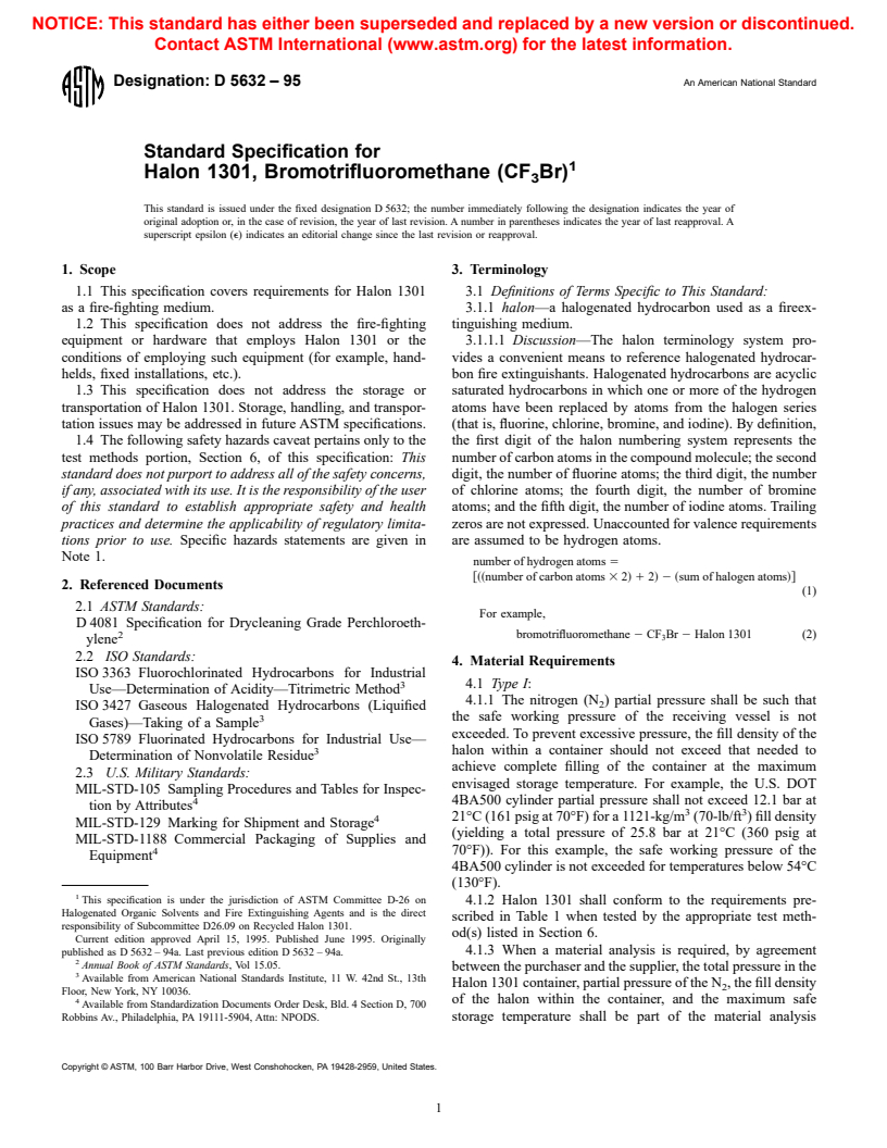 ASTM D5632-95 - Standard Specification for Halon 1301, Bromotrifluoromethane (CF<sub>3</sub>Br)