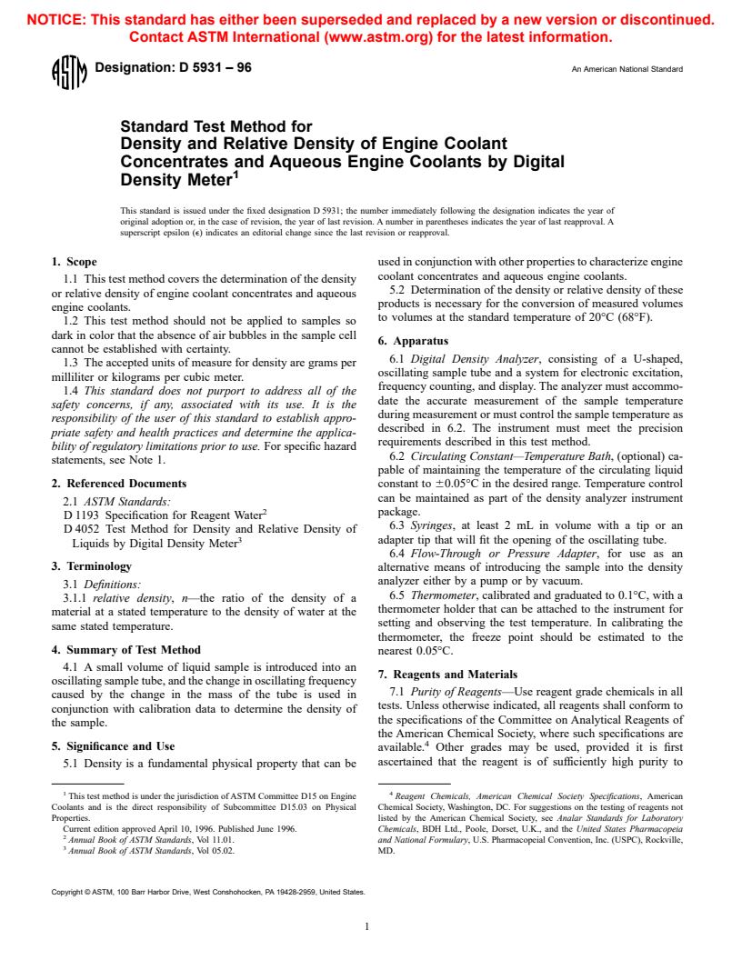 ASTM D5931-96 - Standard Test Method for Density and Relative Density of Engine Coolant Concentrates and Aqueous Engine Coolants by Digital Density Meter