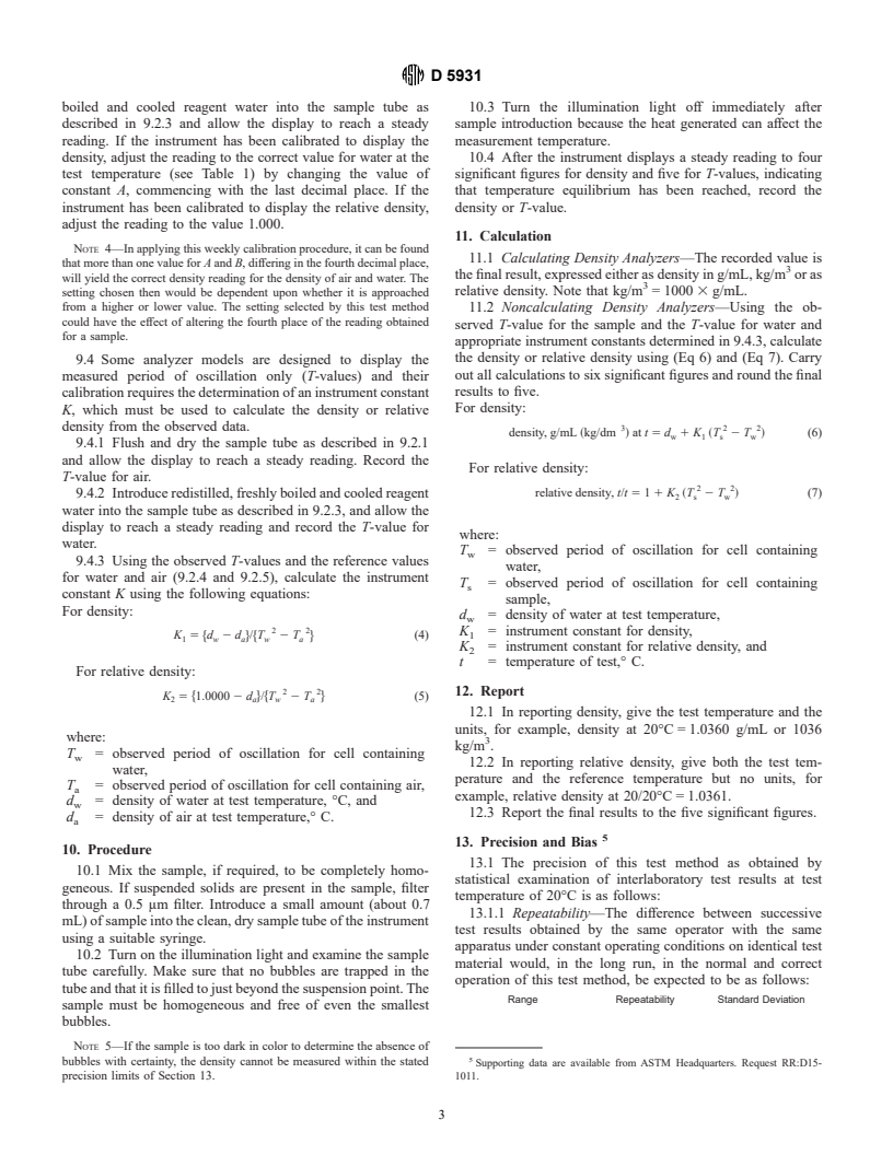 ASTM D5931-96 - Standard Test Method for Density and Relative Density of Engine Coolant Concentrates and Aqueous Engine Coolants by Digital Density Meter