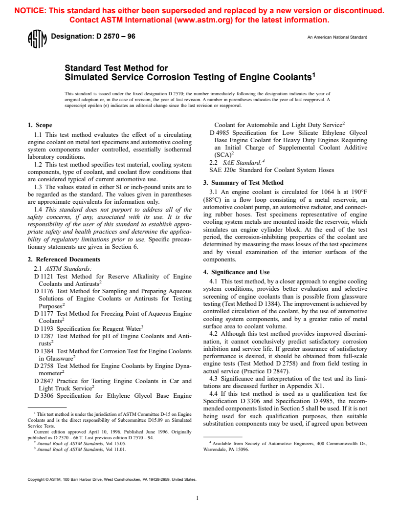 ASTM D2570-96 - Standard Test Method for Simulated Service Corrosion Testing of Engine Coolants