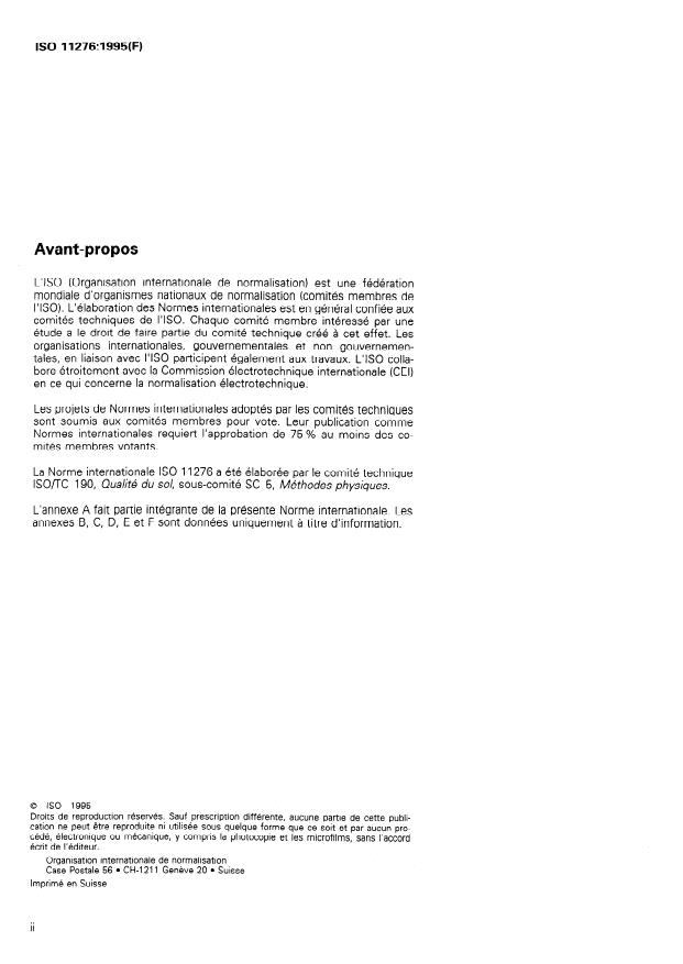 ISO 11276:1995 ISO 11276:1995 - Qualité du sol -- Détermination de la pression d'eau dans les pores -- Méthode du tensiometre - Page 2 preview