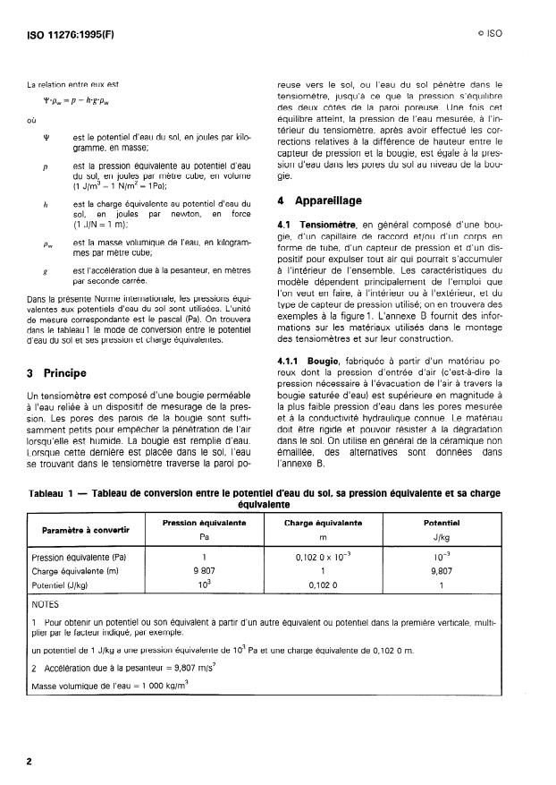 ISO 11276:1995 ISO 11276:1995 - Qualité du sol -- Détermination de la pression d'eau dans les pores -- Méthode du tensiometre - Page 4 preview