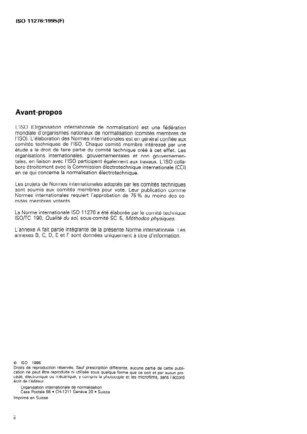 ISO 11276:1995 ISO 11276:1995 - Qualité du sol -- Détermination de la pression d'eau dans les pores -- Méthode du tensiometre - Page 2 preview