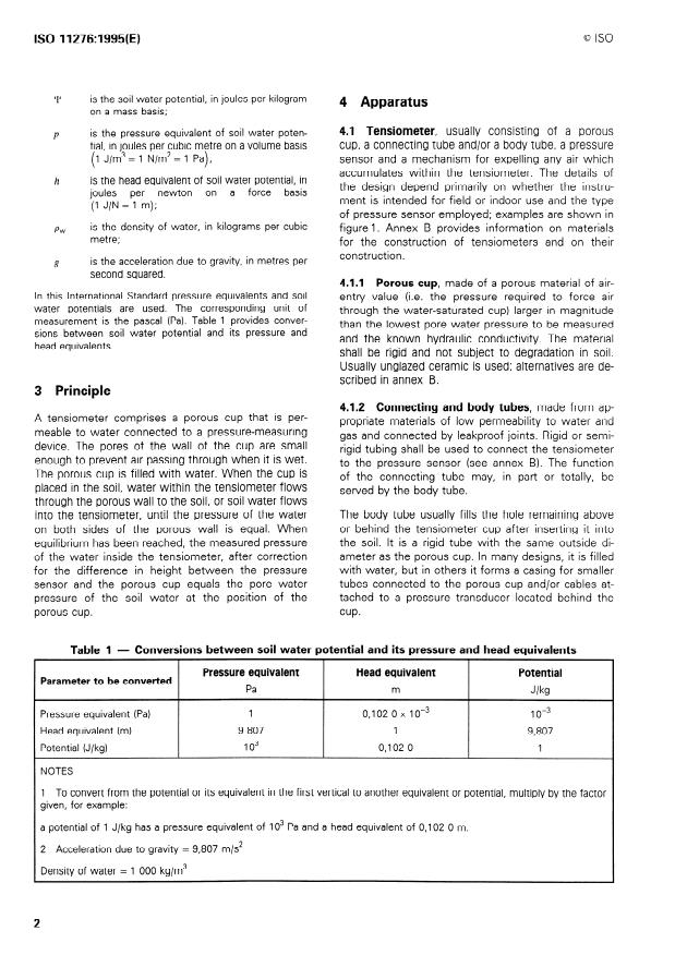 ISO 11276:1995 ISO 11276:1995 - Soil quality -- Determination of pore water pressure -- Tensiometer method - Page 4 preview