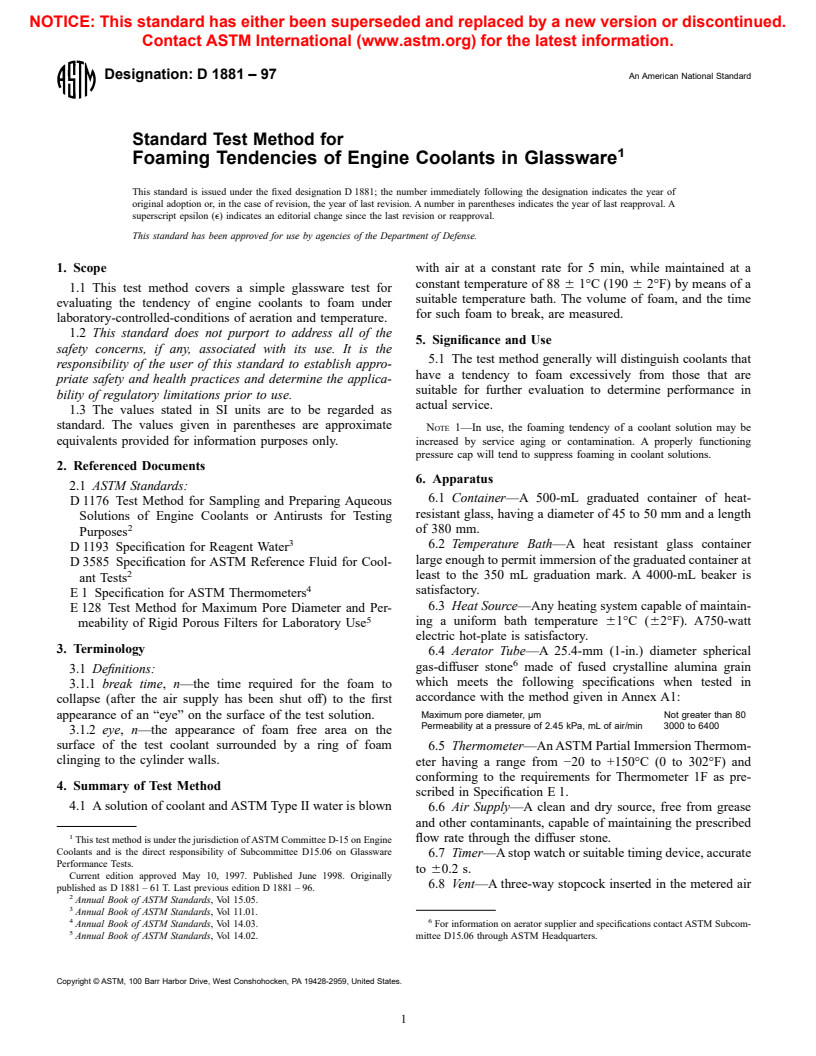 ASTM D1881-97 - Standard Test Method for Foaming Tendencies of Engine Coolants in Glassware