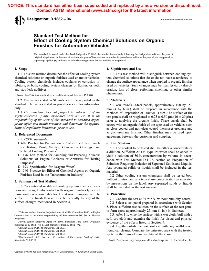 ASTM D1882-96 - Standard Test Method for Effect of Cooling System Chemical Solutions on Organic Finishes for Automotive Vehicles