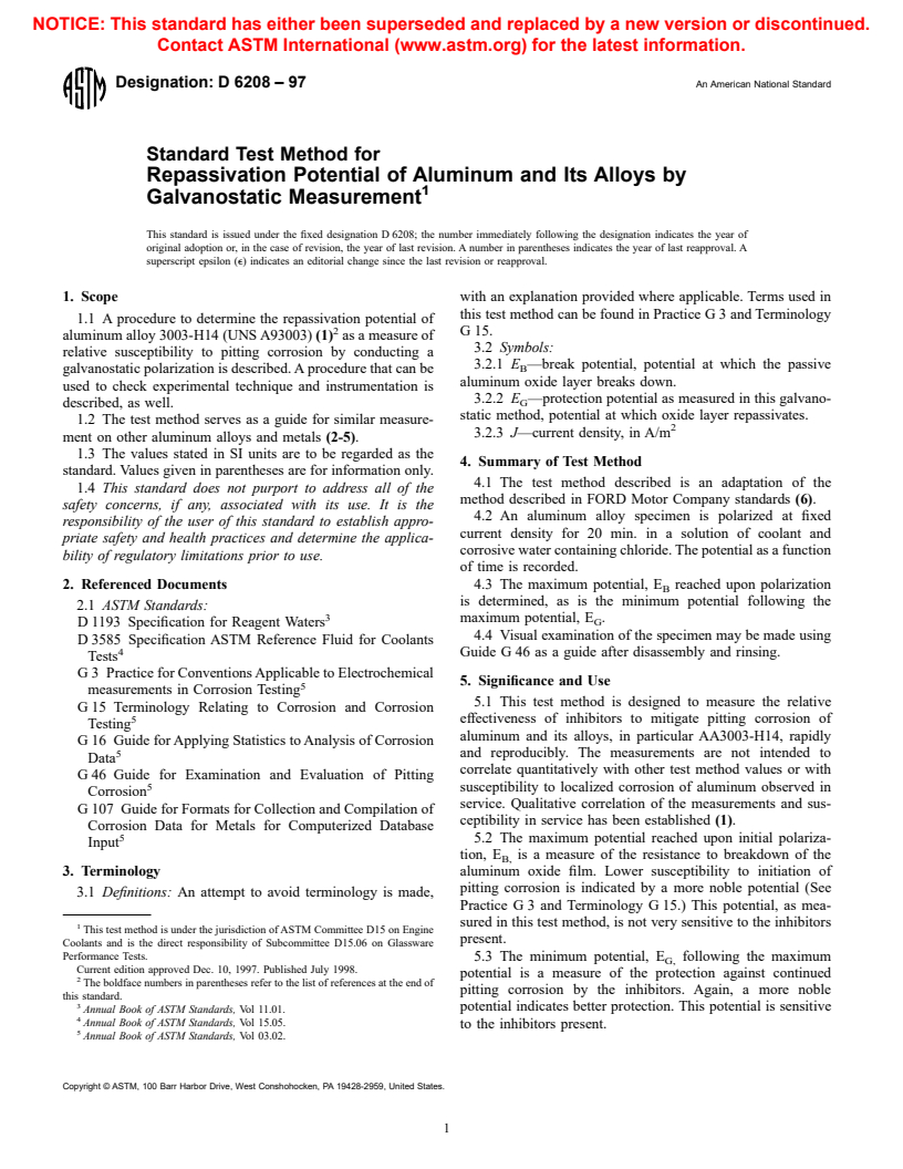 ASTM D6208-97 - Standard Test Method for Repassivation Potential of Aluminum and Its Alloys by Galvanostatic Measurement