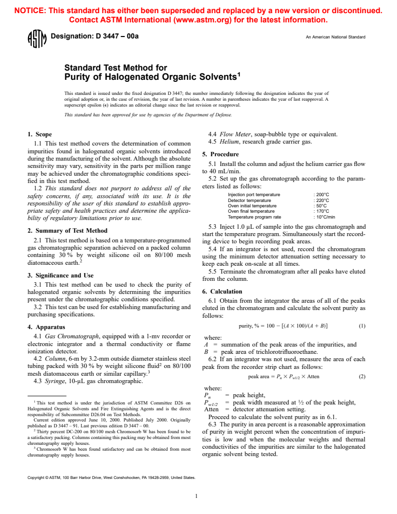 ASTM D3447-00a - Standard Test Method for Purity of Halogenated Organic Solvents